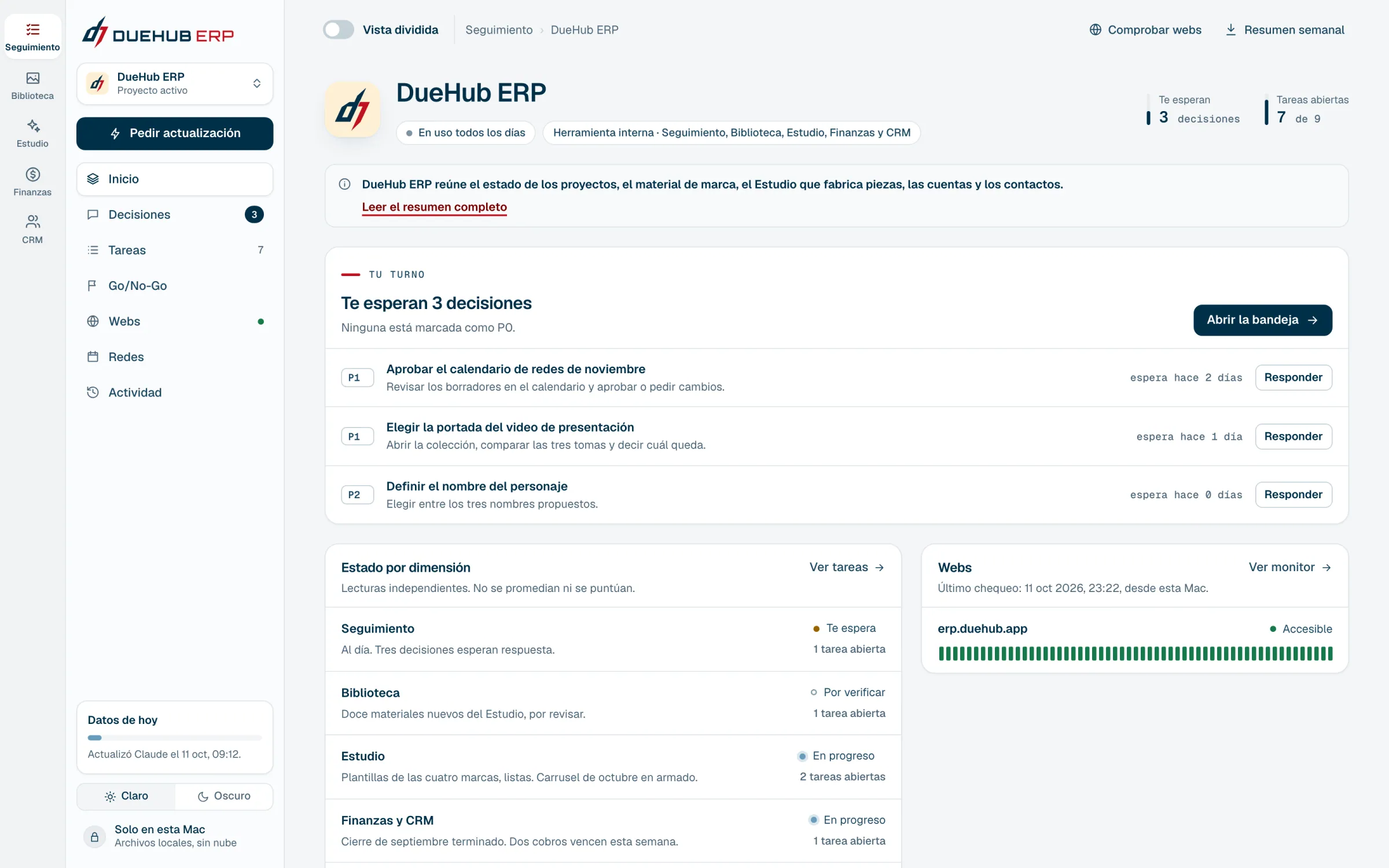 DueHub ERP: el inicio de Seguimiento, con las decisiones que esperan respuesta.