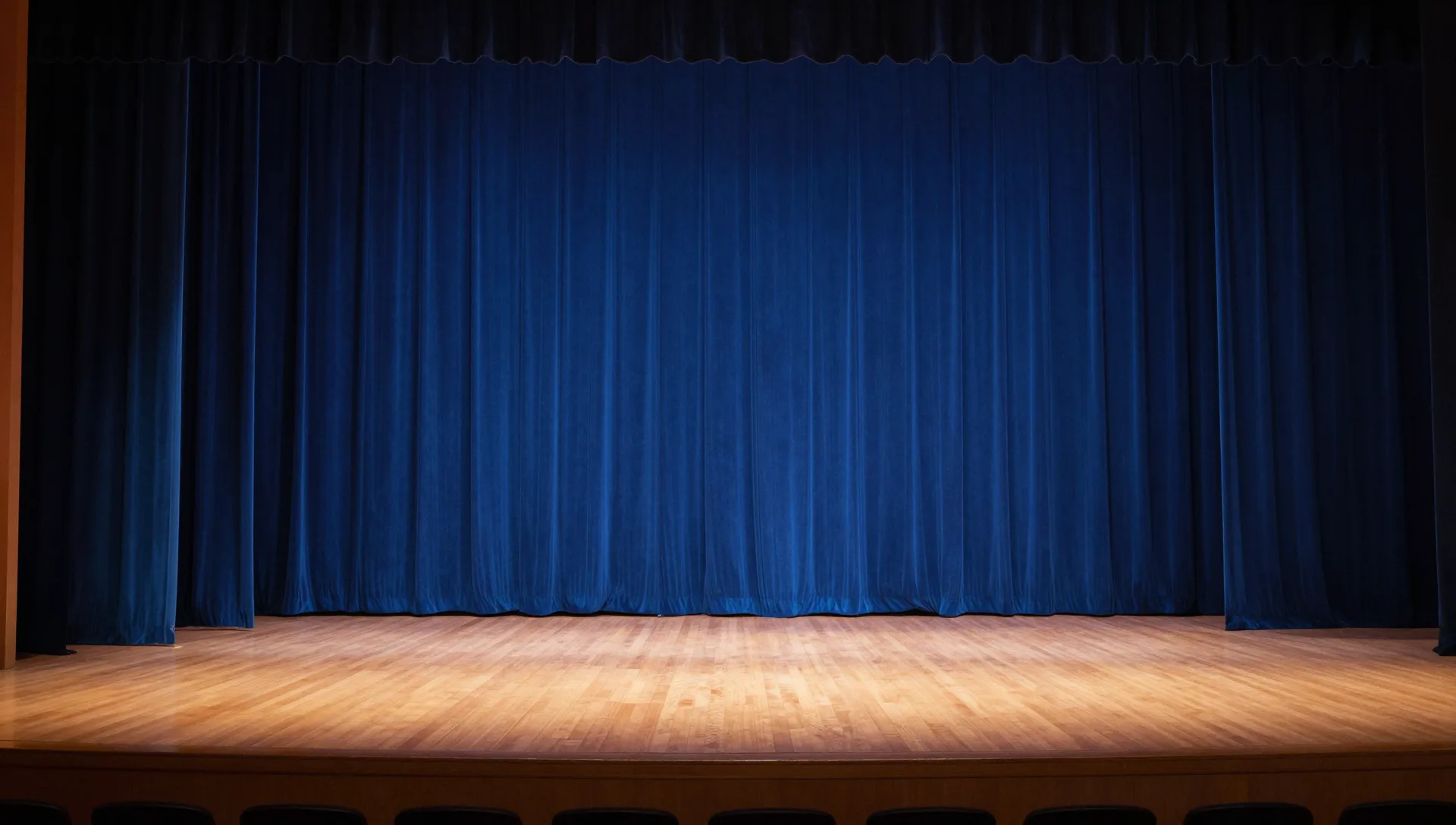 Un escenario de teatro con telón azul.