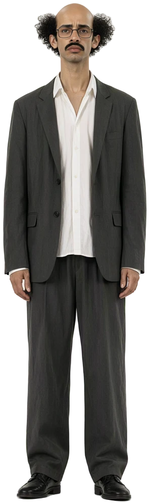 Un hombre serio de traje gris arrugado apenas inclina la cabeza.