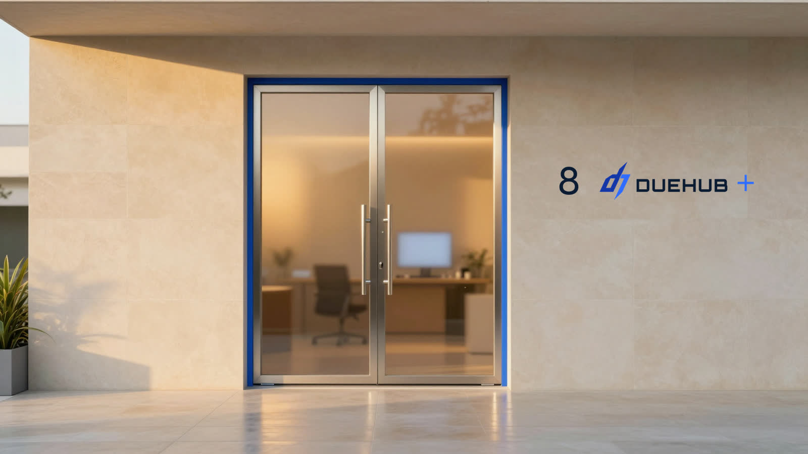 Una puerta doble de vidrio esmerilado, cerrada, con luz y siluetas borrosas detrás, y una placa con el número 8 al costado.