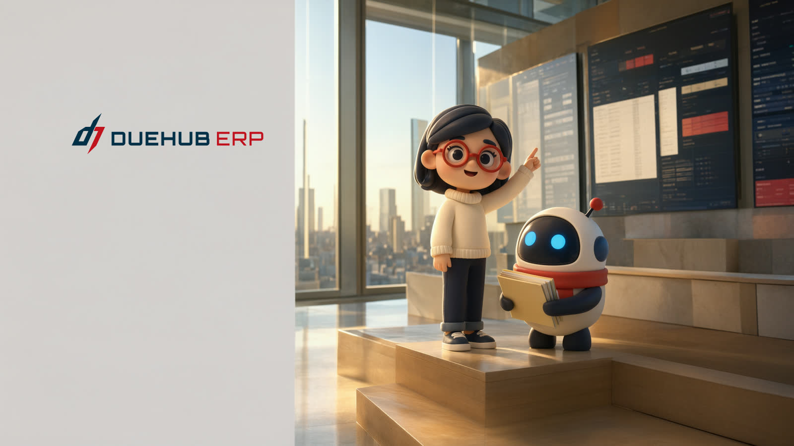 Ema y Erpi, los personajes de DueHub ERP, frente a una pared de pantallas en una oficina real.