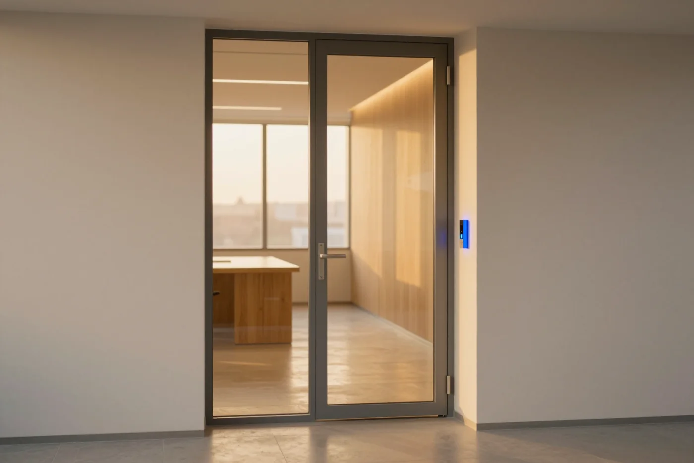 Una puerta de vidrio cerrada, con un lector de acceso encendido en azul.