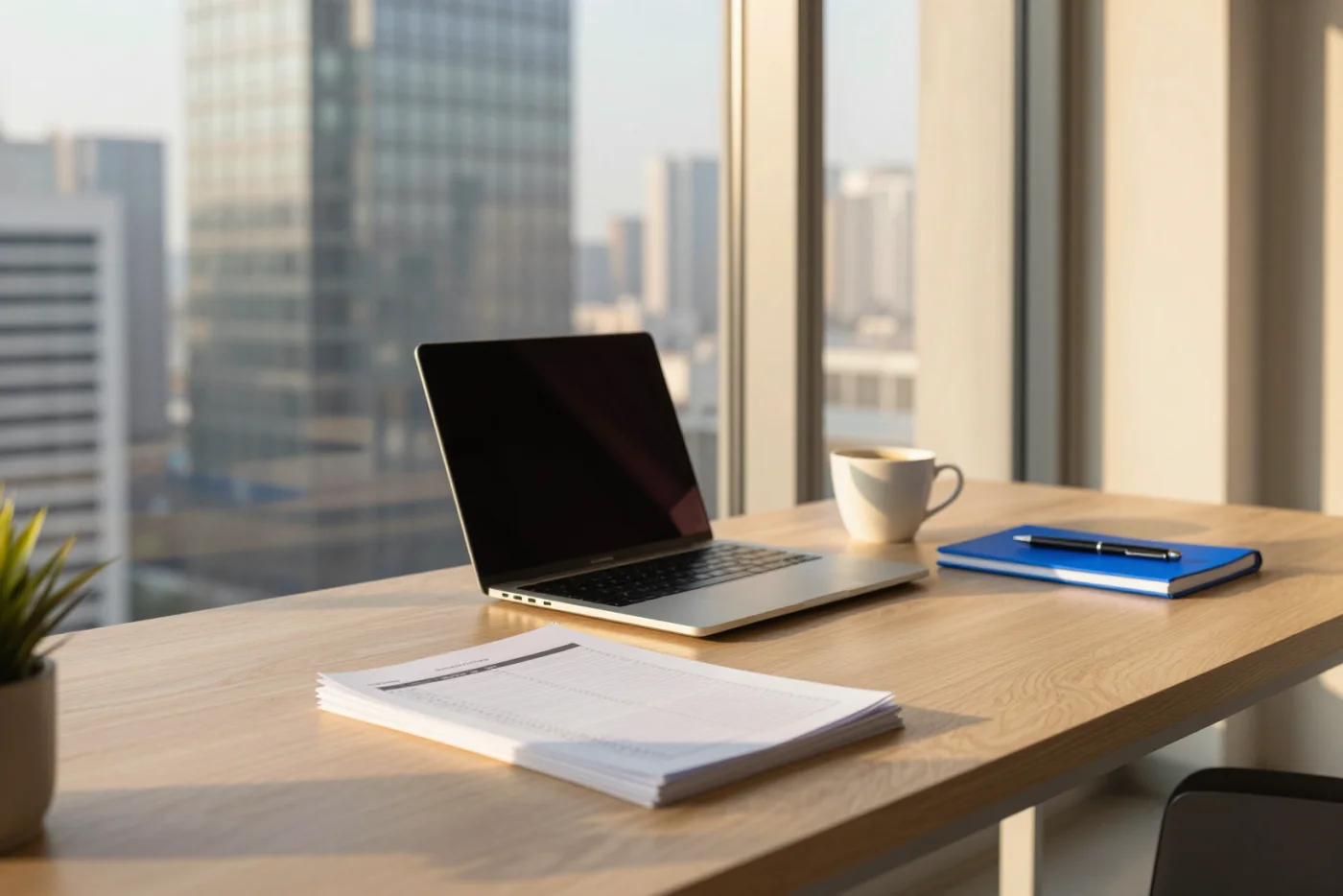 Un escritorio ordenado junto a un ventanal, con una laptop cerrada, planillas impresas y un cuaderno azul.